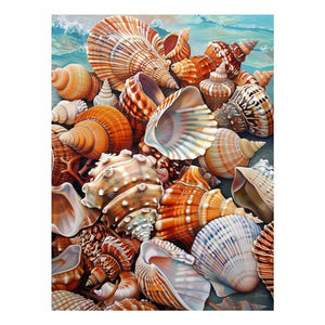 Seashell Treasure Tide canvas art featuring seashell collection by turquoise water for modern living room decor.