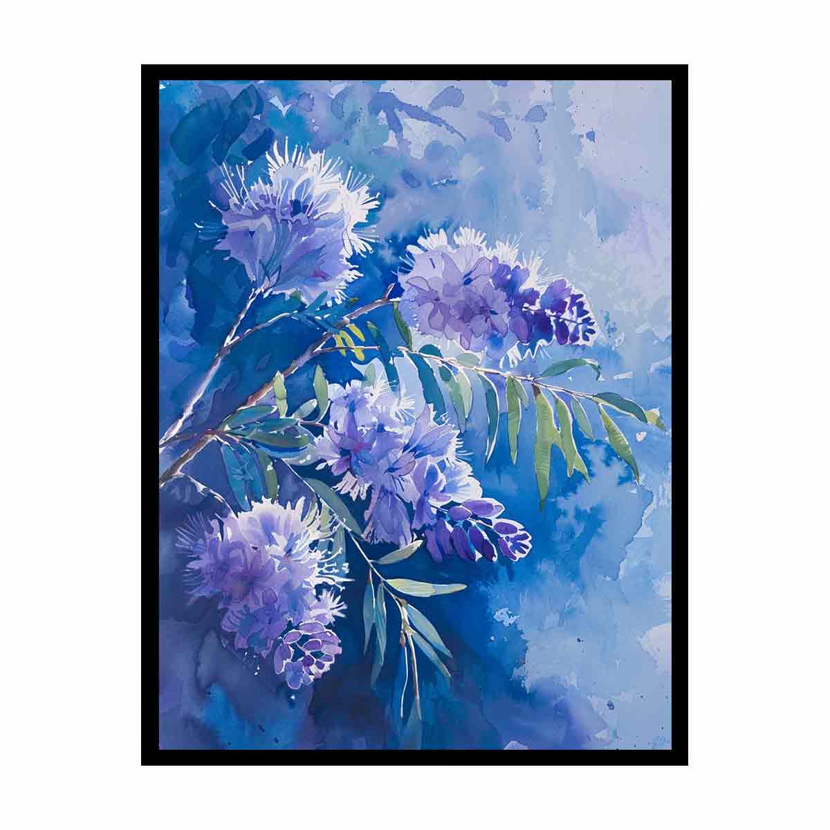Blue purple watercolor native floral canvas art for calm modern living room decor.