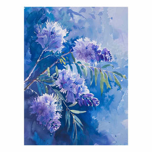 Blue purple watercolor native floral canvas art for calm modern living room decor.