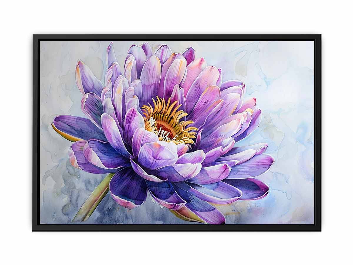 Purple water lily watercolor canvas art for elegant bedroom or living room decor.