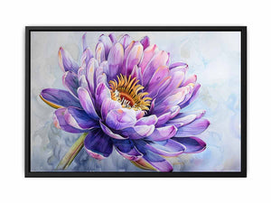 Purple water lily watercolor canvas art for elegant bedroom or living room decor.