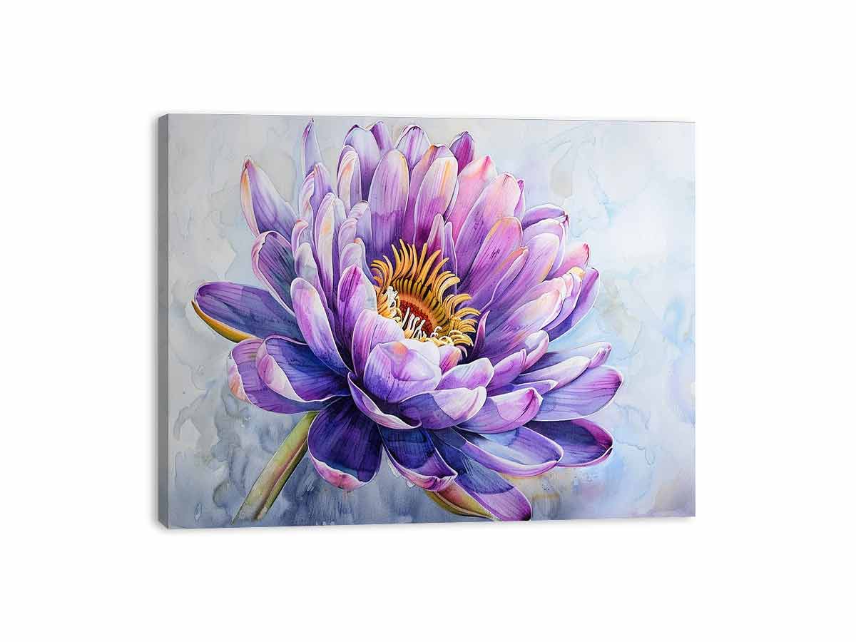 Purple water lily watercolor canvas art for elegant bedroom or living room decor.