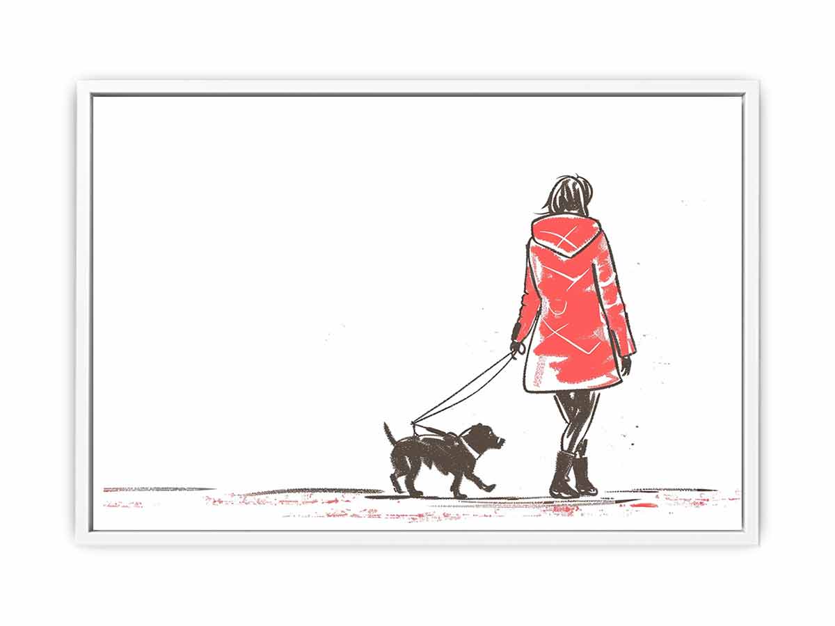 Red coat woman walking dog illustration canvas print for modern entryway decor.