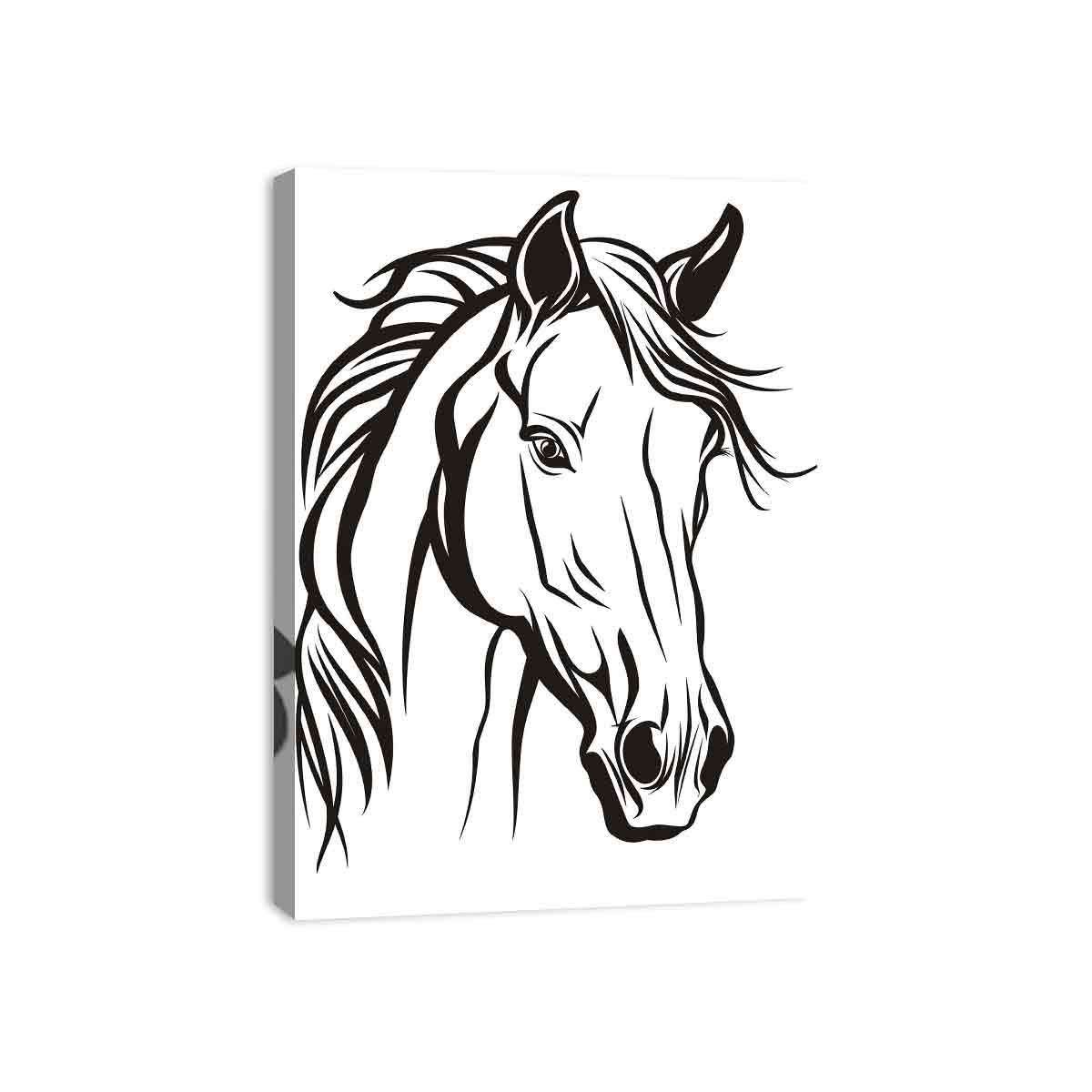 Bold black and white horse line art canvas print for modern office decor.