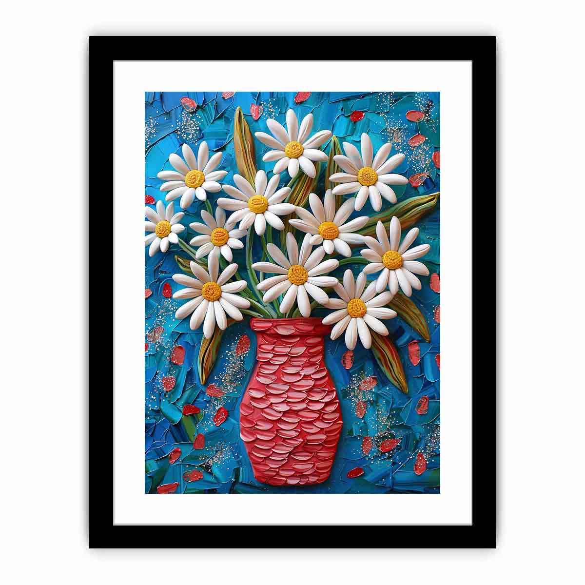 Colorful white daisy and red vase canvas print for bright kitchen decor.