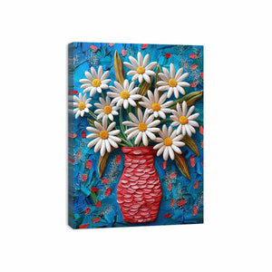 Colorful white daisy and red vase canvas print for bright kitchen decor.