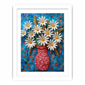 Colorful white daisy and red vase canvas print for bright kitchen decor.