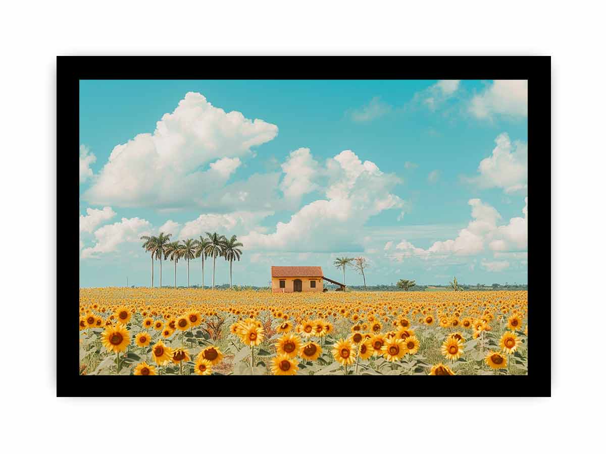 Golden sunflower field canvas print with blue sky for farmhouse living room decor.