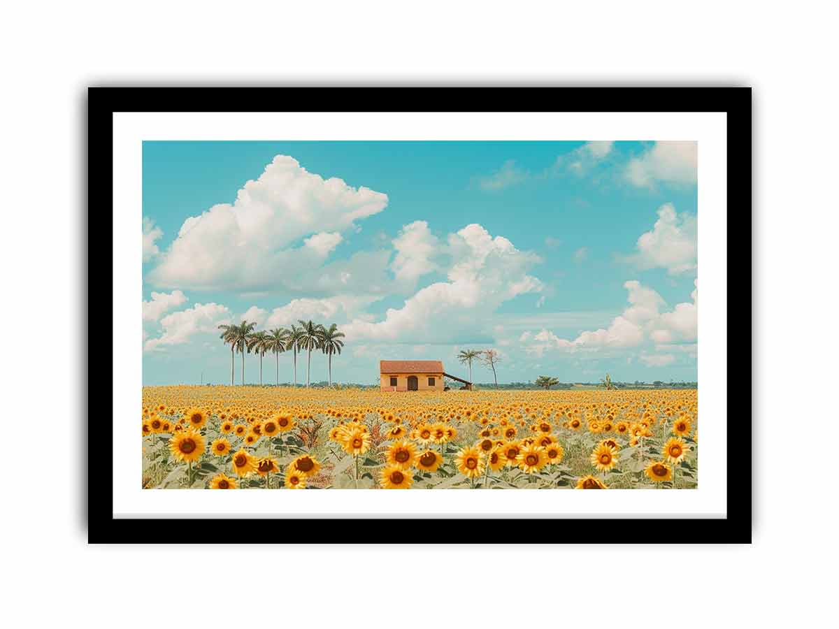 Golden sunflower field canvas print with blue sky for farmhouse living room decor.