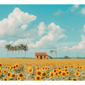 Golden sunflower field canvas print with blue sky for farmhouse living room decor.