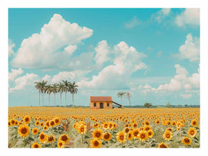 Golden sunflower field canvas print with blue sky for farmhouse living room decor.