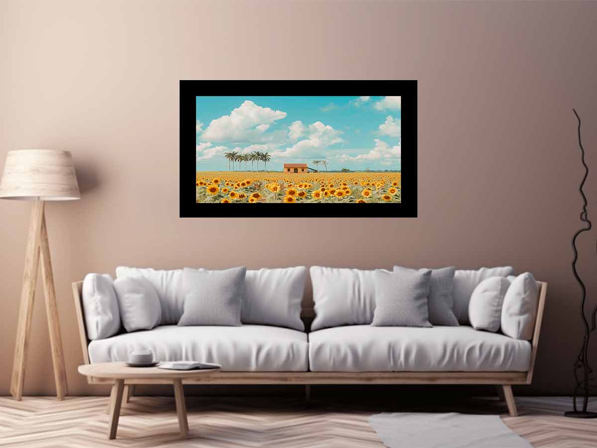 Golden sunflower field canvas print with blue sky for farmhouse living room decor.