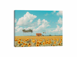 Golden sunflower field canvas print with blue sky for farmhouse living room decor.