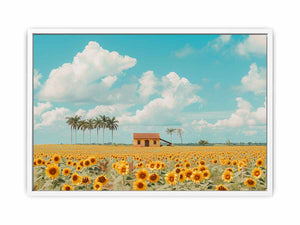 Golden sunflower field canvas print with blue sky for farmhouse living room decor.