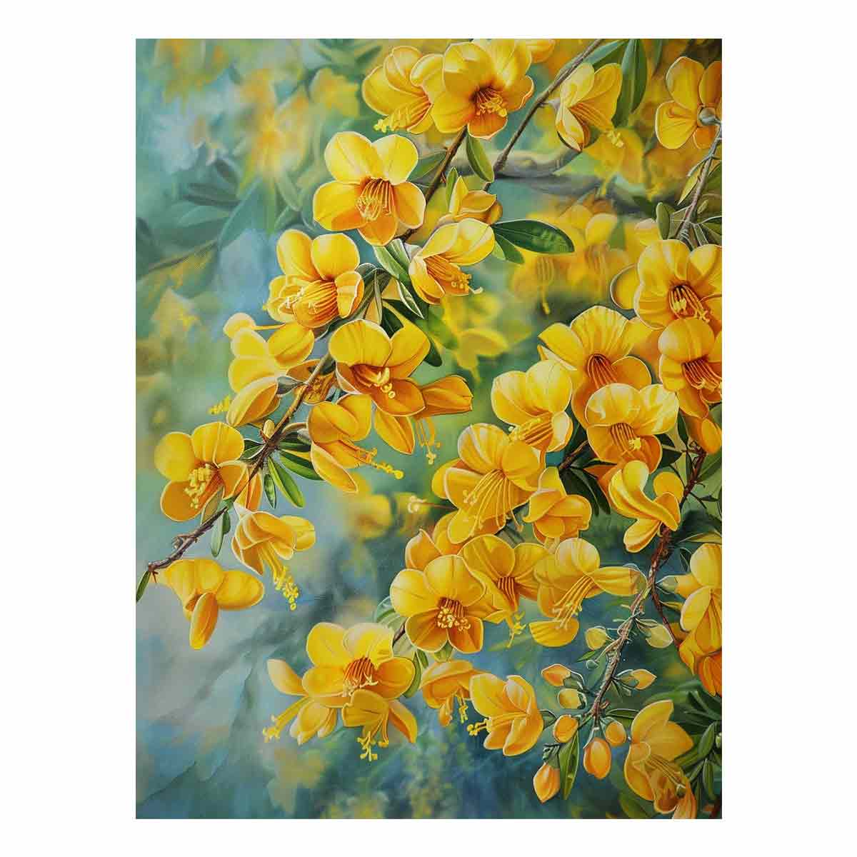 Yellow botanical flower canvas print for elegant bedroom and living room decor.