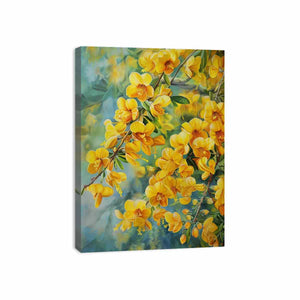Yellow botanical flower canvas print for elegant bedroom and living room decor.