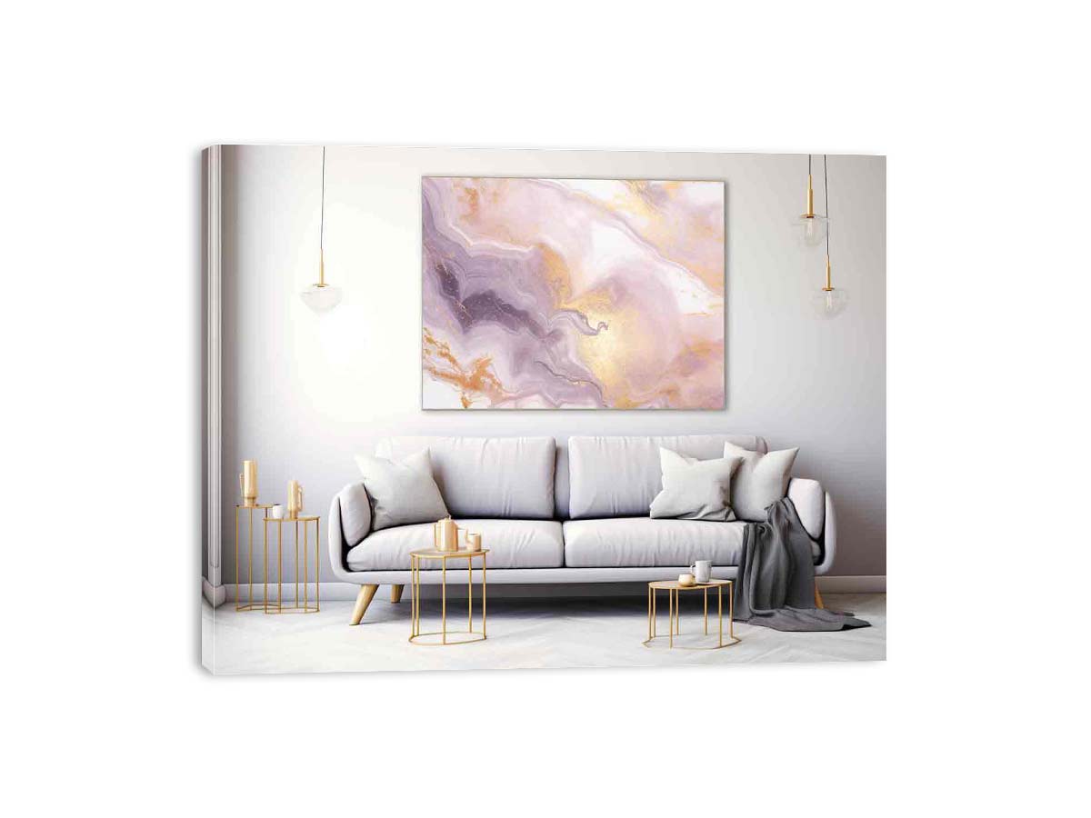 Lavender gold abstract wall art styled above a modern sofa.