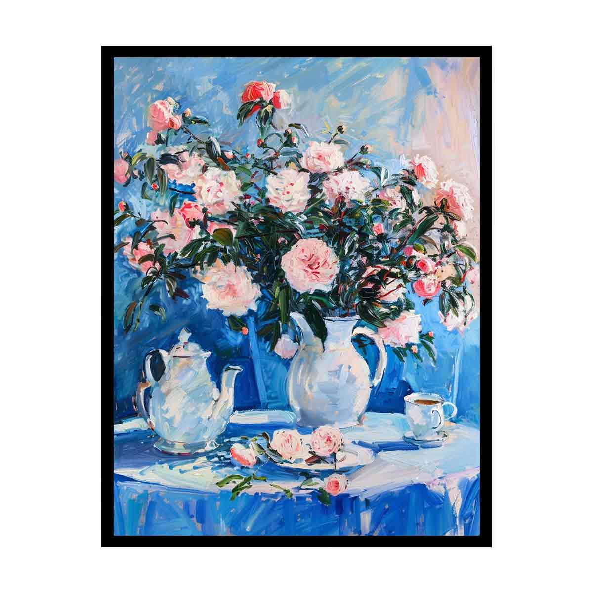 Pink rose still life canvas print with teapot for elegant dining room decor.