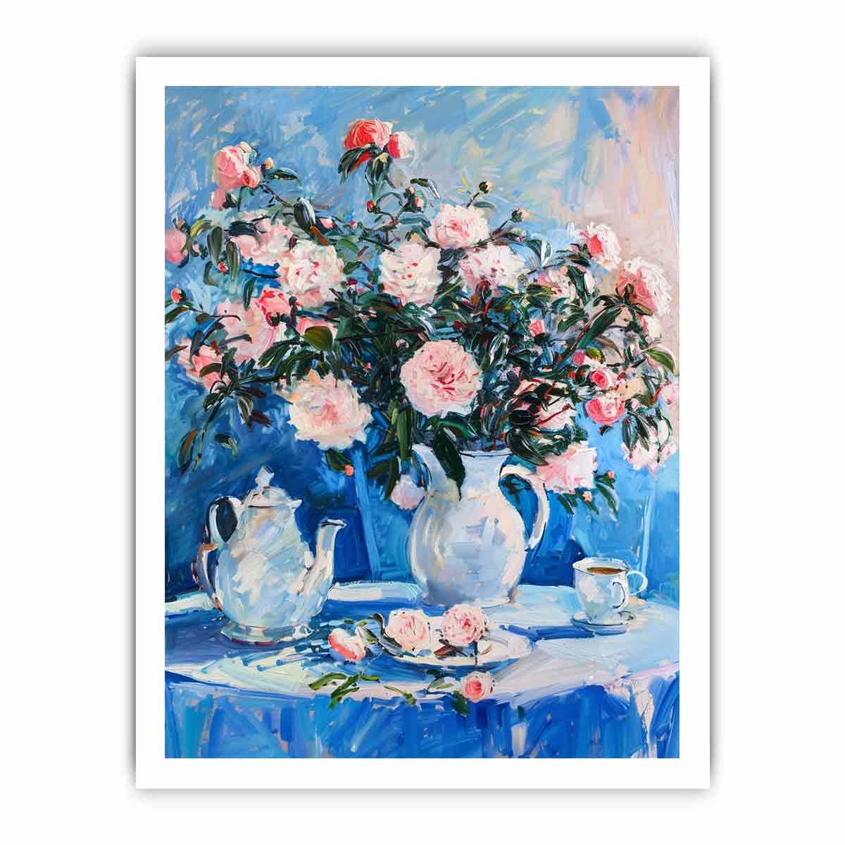 Pink rose still life canvas print with teapot for elegant dining room decor.