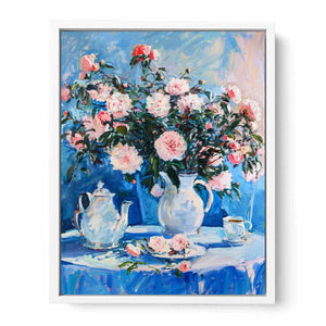 Pink rose still life canvas print with teapot for elegant dining room decor.