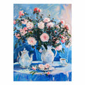 Pink rose still life canvas print with teapot for elegant dining room decor.