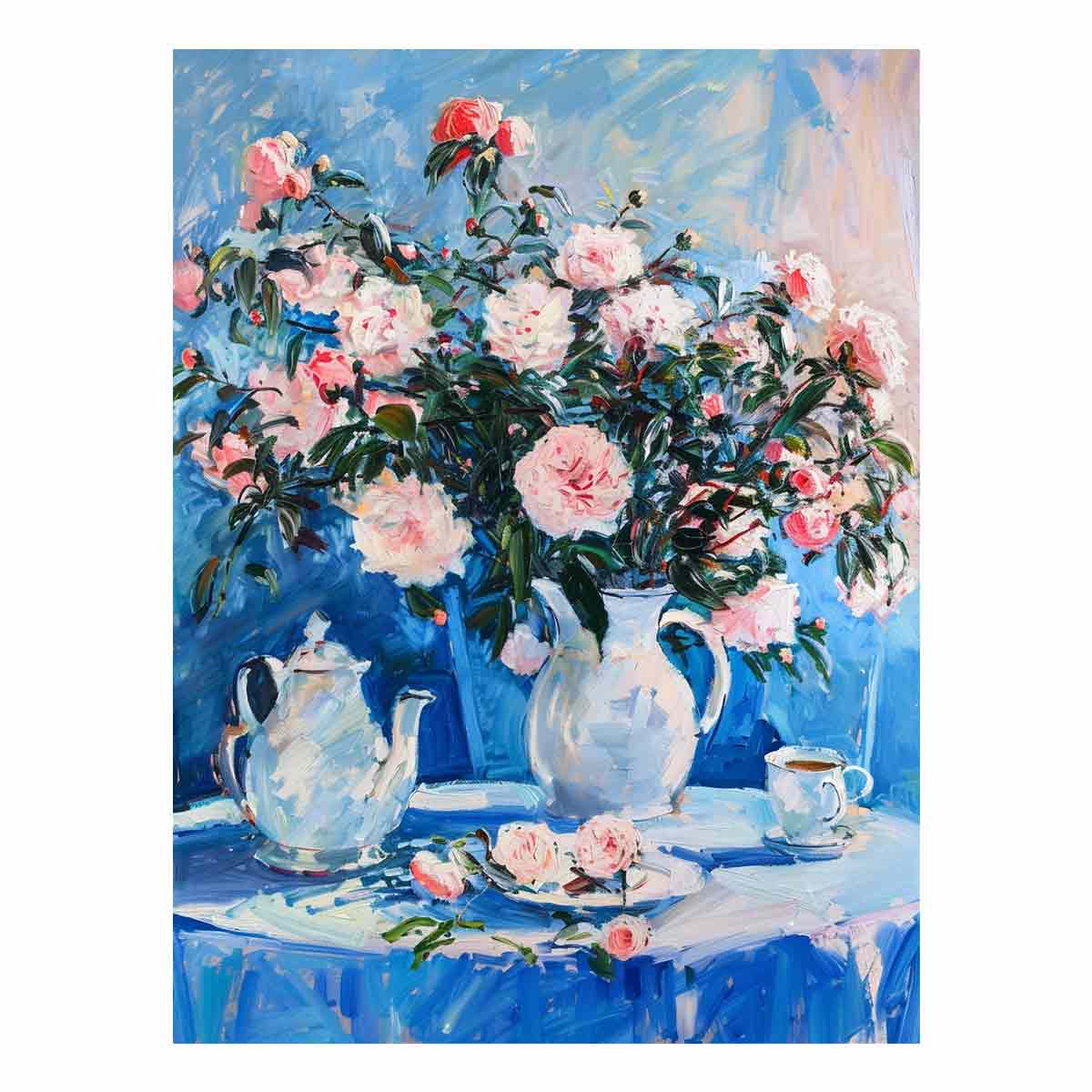 Pink rose still life canvas print with teapot for elegant dining room decor.