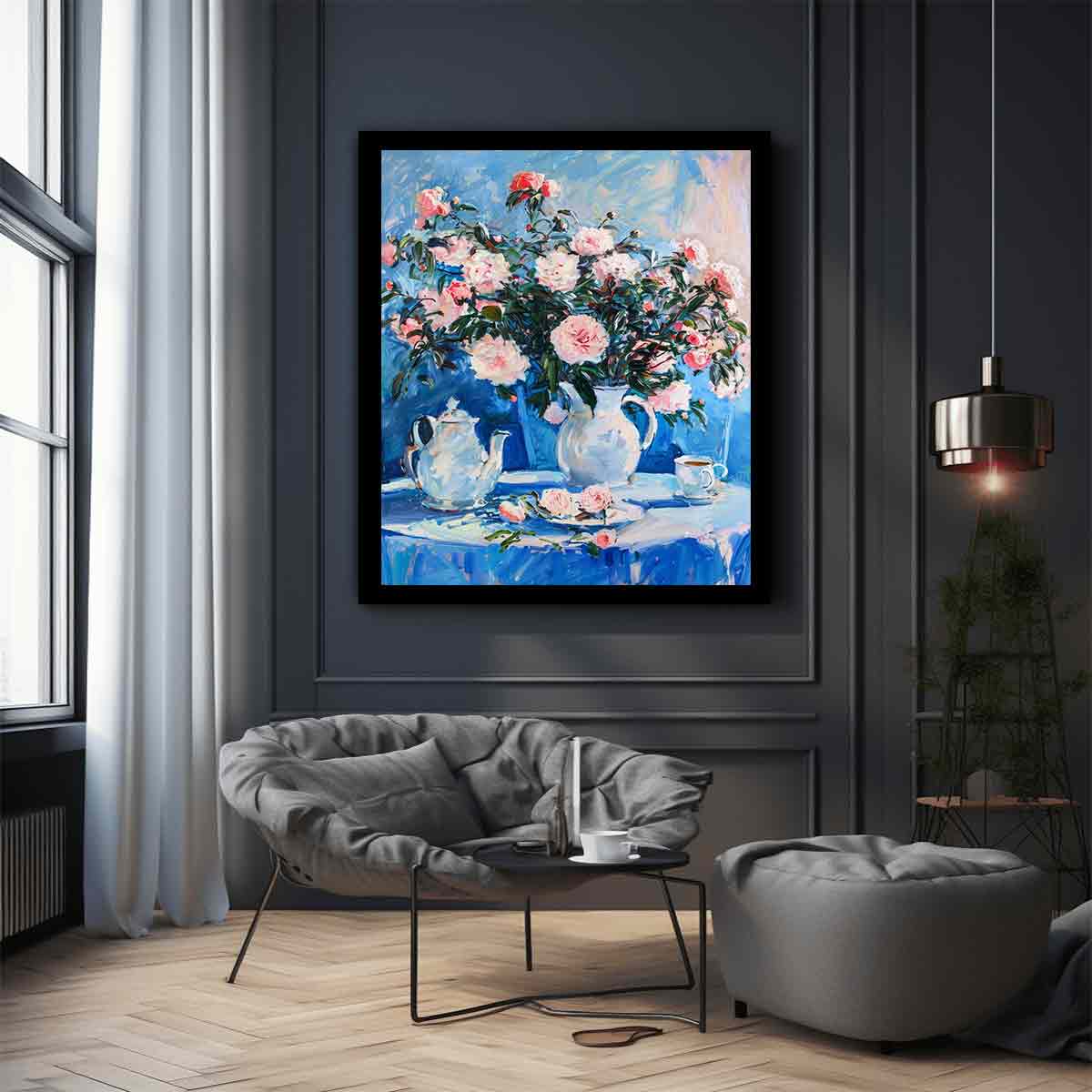 Pink rose still life canvas print with teapot for elegant dining room decor.