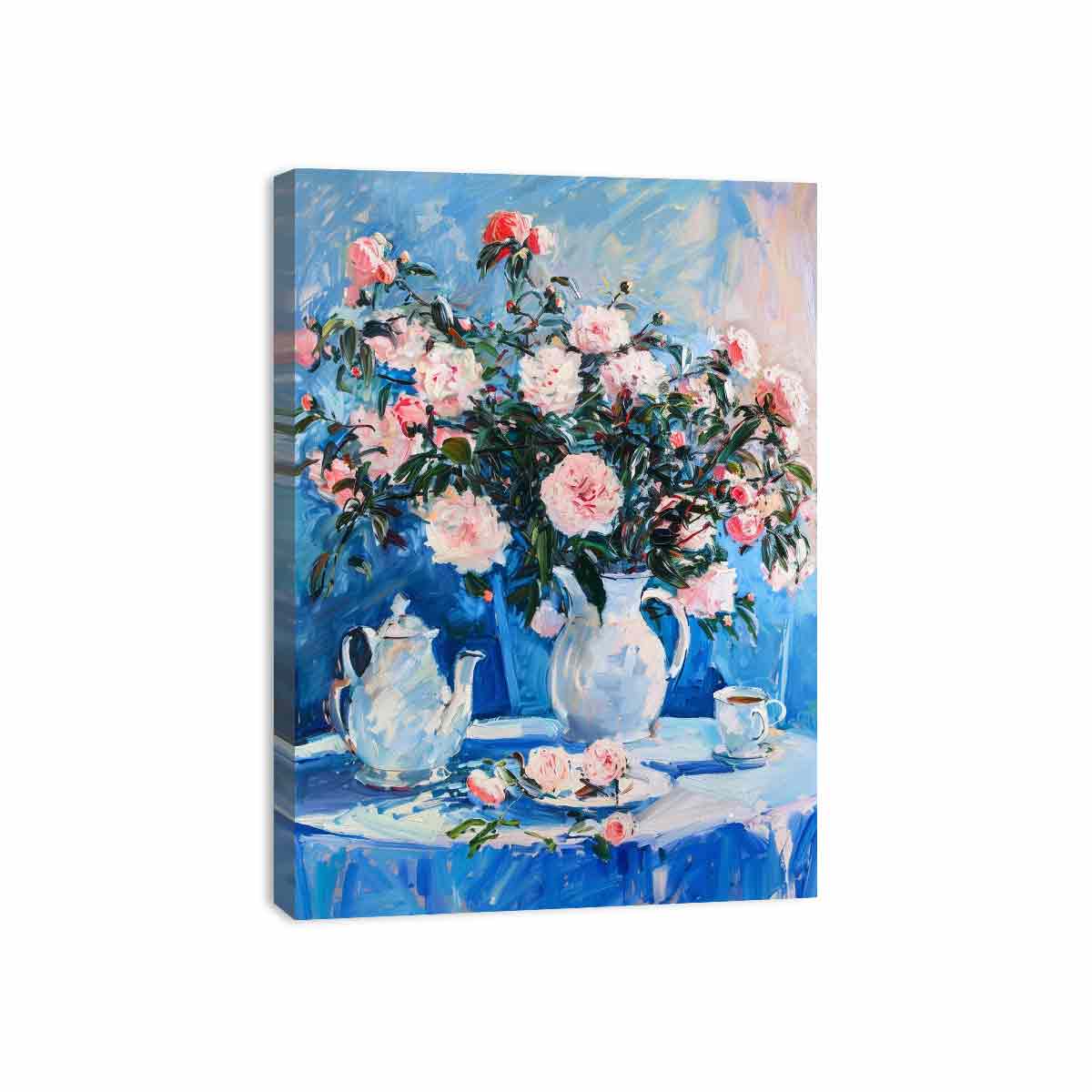 Pink rose still life canvas print with teapot for elegant dining room decor.