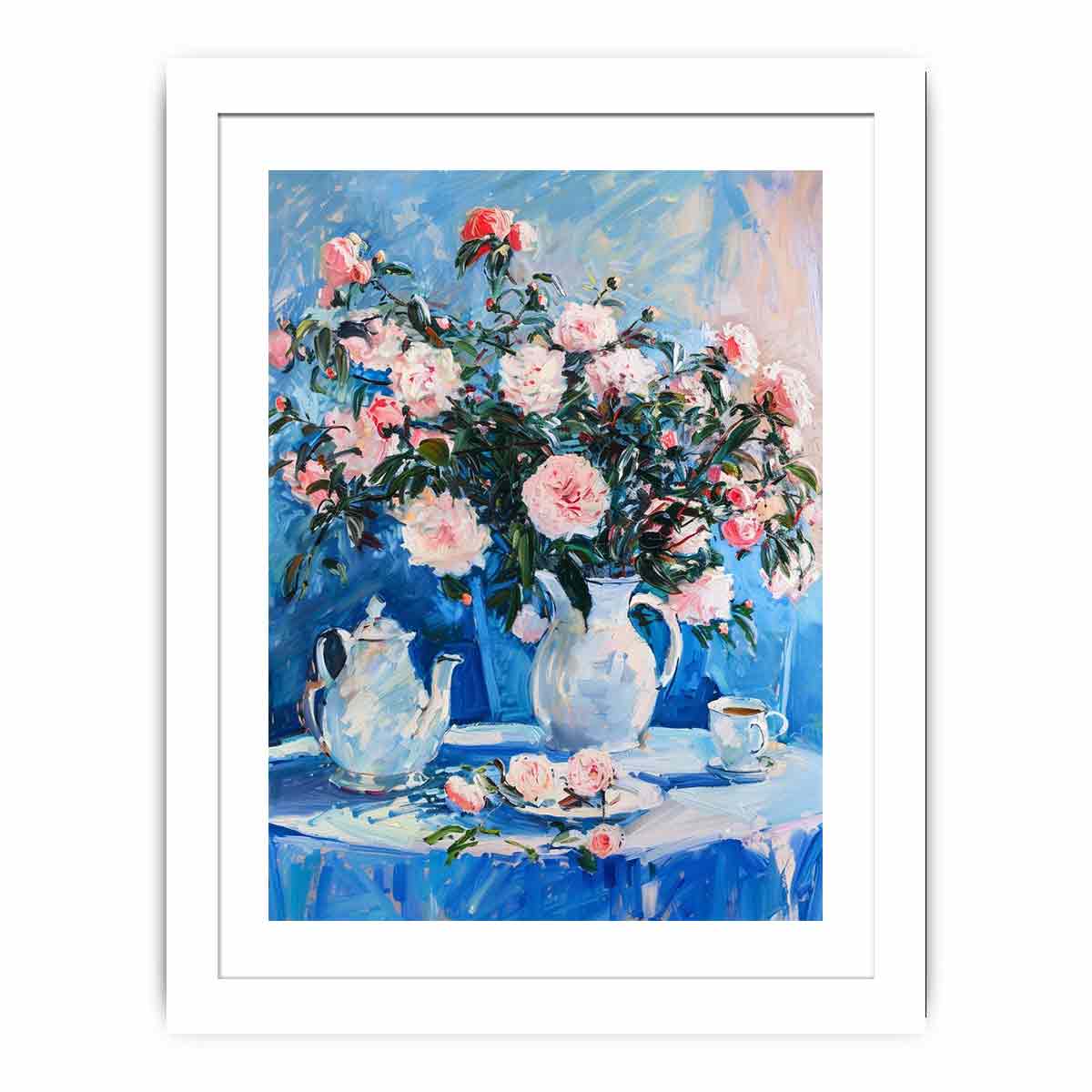 Pink rose still life canvas print with teapot for elegant dining room decor.
