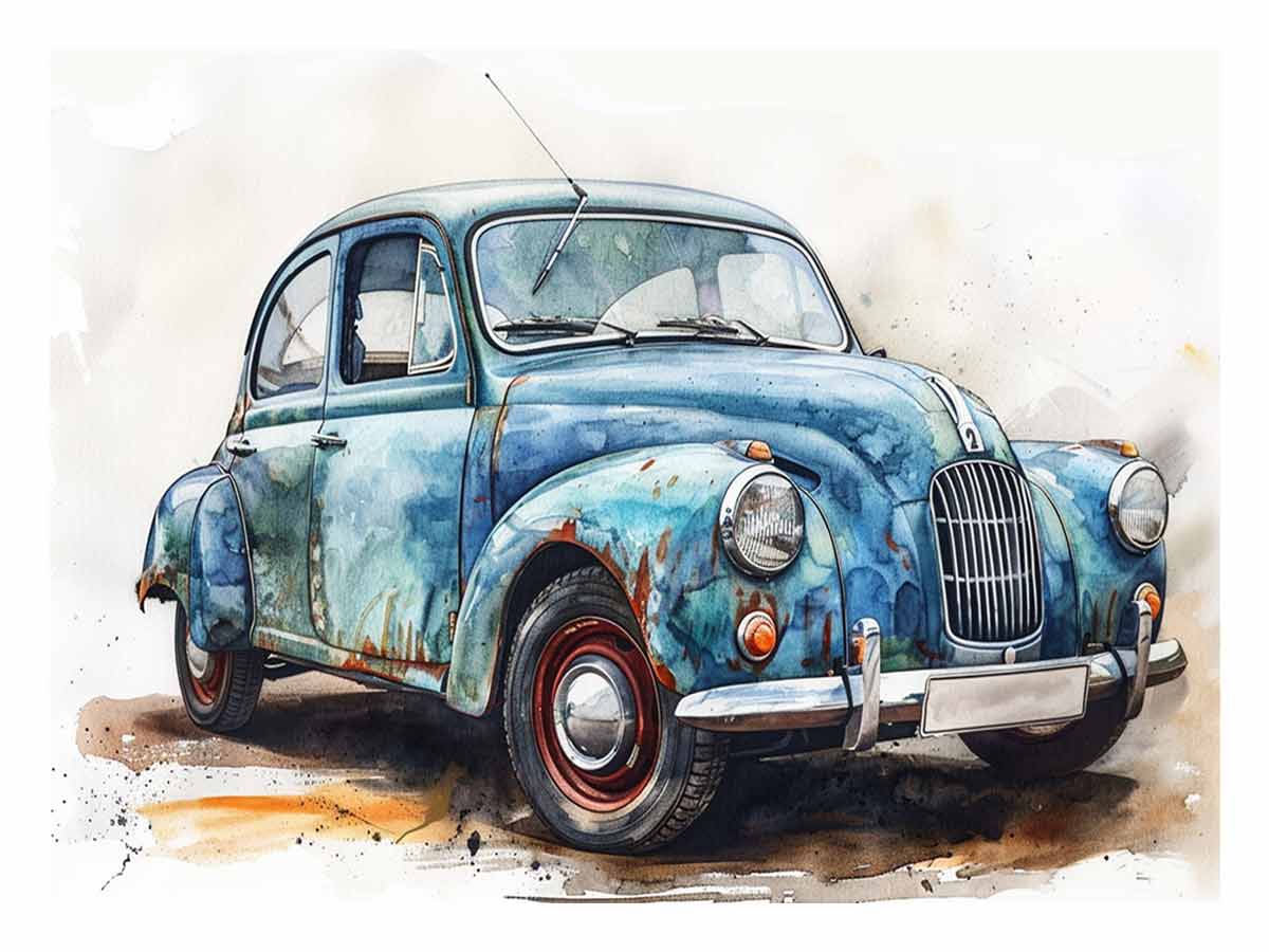 Vintage blue classic car watercolor canvas print for office or mancave decor.