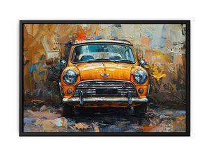 Bold orange compact car canvas print for modern office and mancave decor.