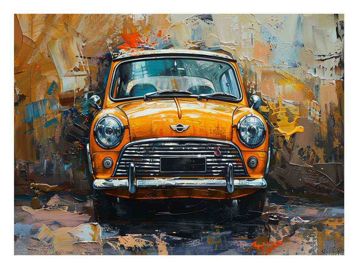 Bold orange compact car canvas print for modern office and mancave decor.