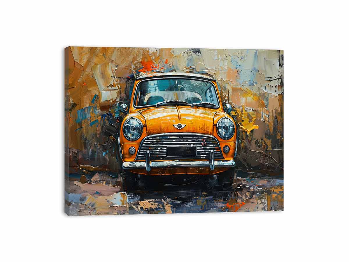 Bold orange compact car canvas print for modern office and mancave decor.
