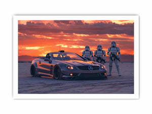 Cinematic sports car desert sunset canvas print for mancave and gaming room decor.