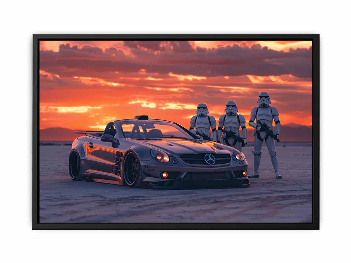 Cinematic sports car desert sunset canvas print for mancave and gaming room decor.