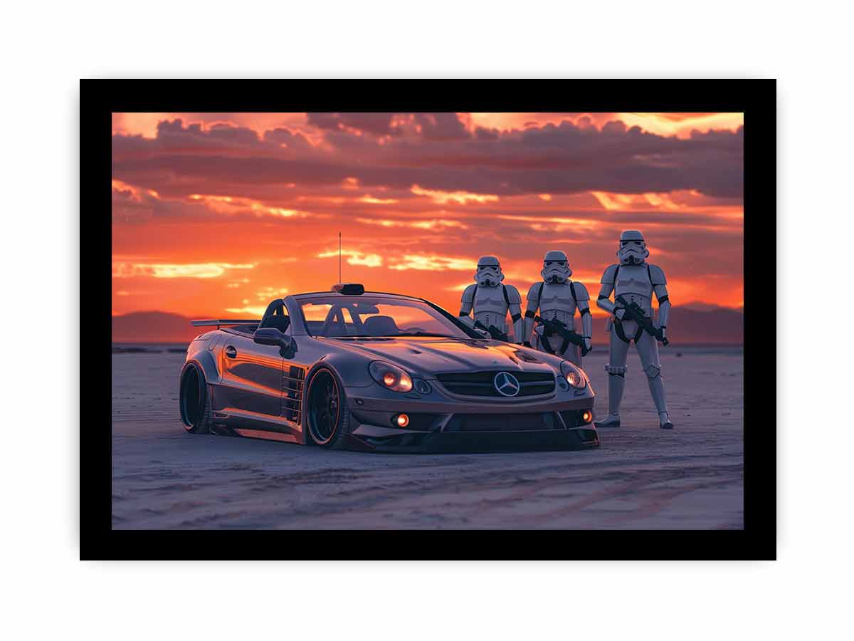 Cinematic sports car desert sunset canvas print for mancave and gaming room decor.