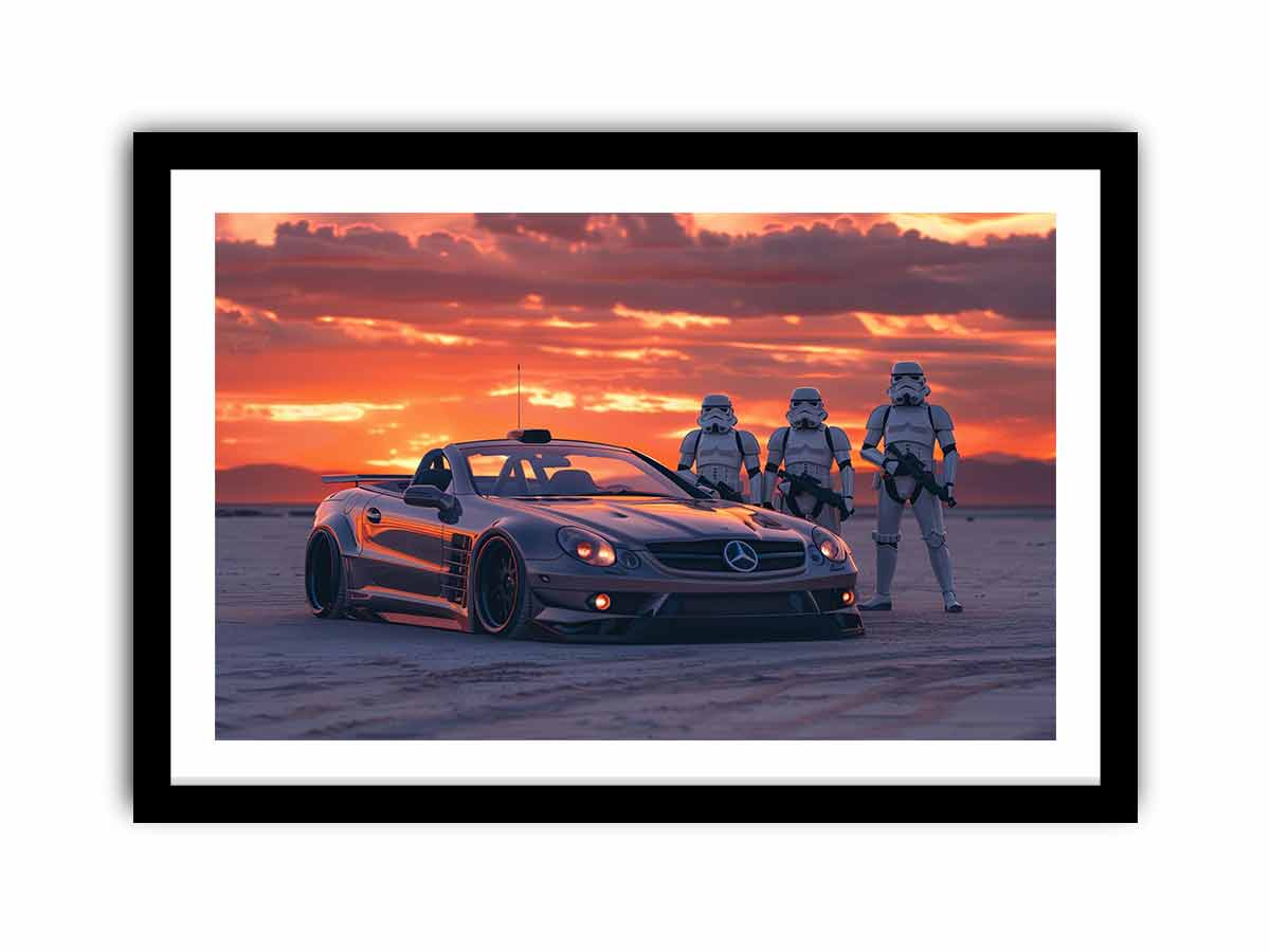 Cinematic sports car desert sunset canvas print for mancave and gaming room decor.