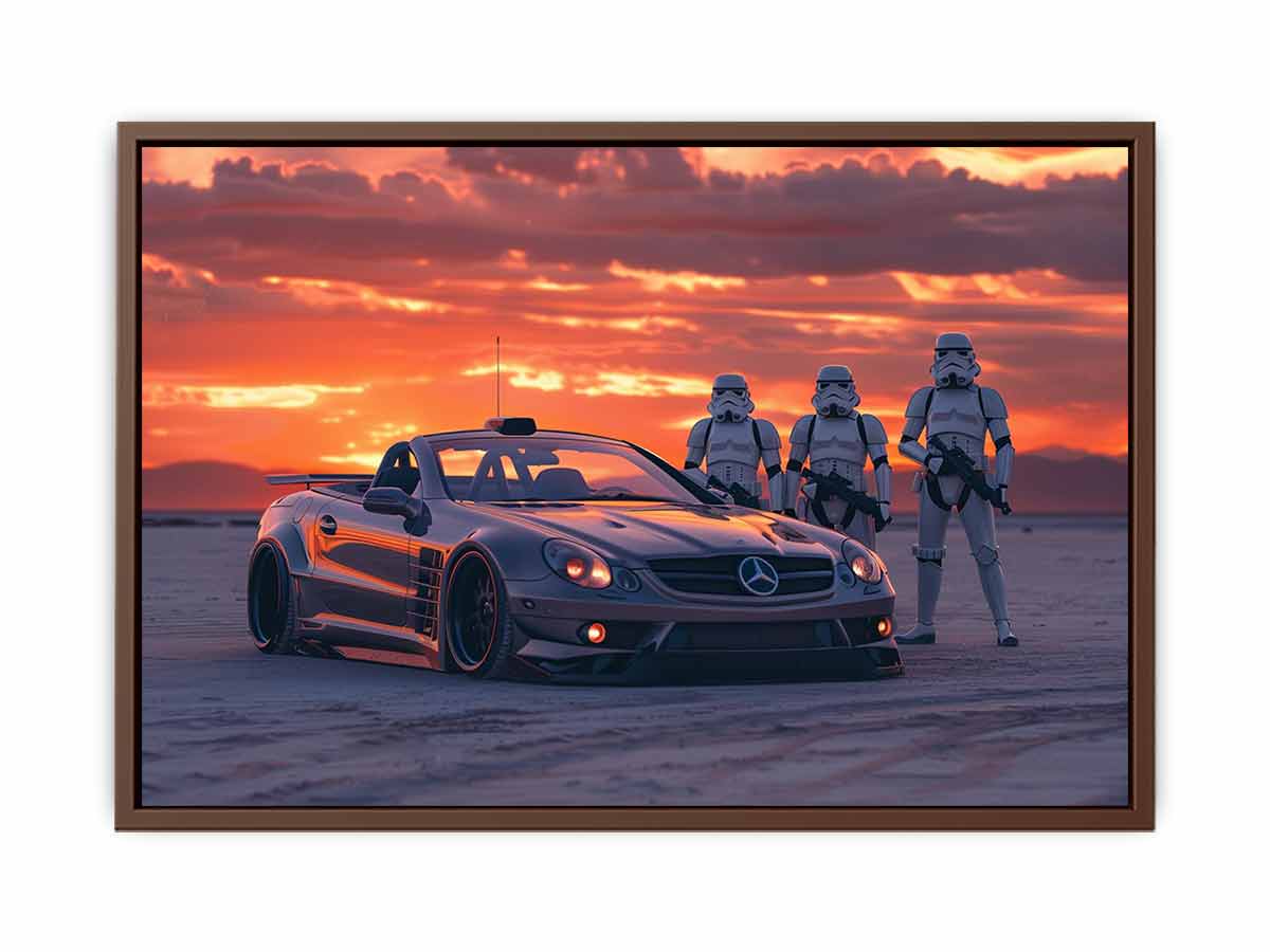 Cinematic sports car desert sunset canvas print for mancave and gaming room decor.