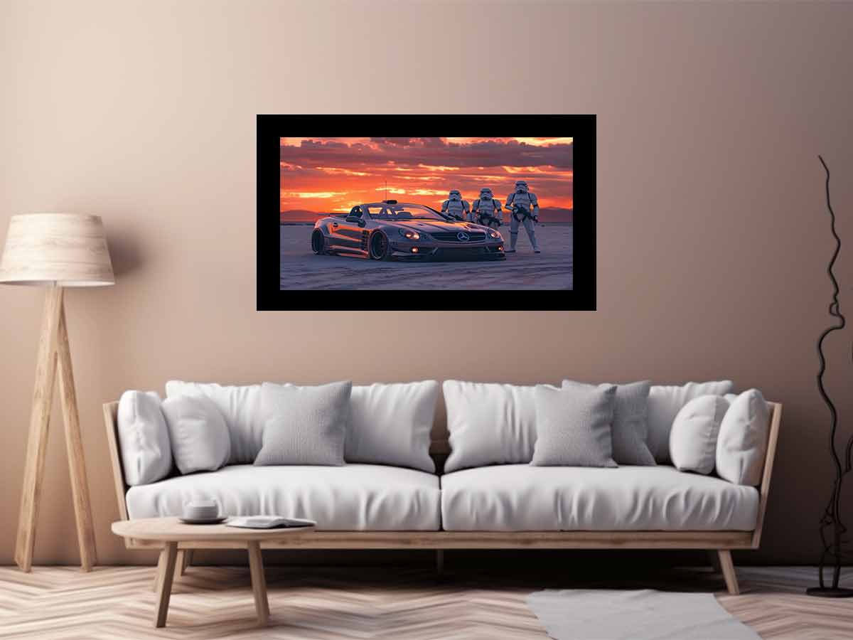 Cinematic sports car desert sunset canvas print for mancave and gaming room decor.