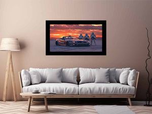 Cinematic sports car desert sunset canvas print for mancave and gaming room decor.