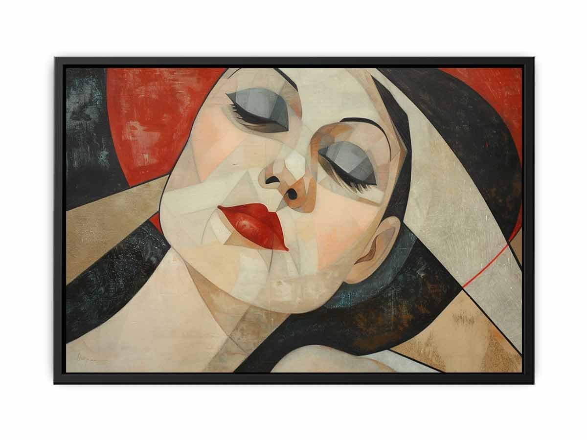 Geometric woman portrait canvas print with red lips for chic bedroom decor.