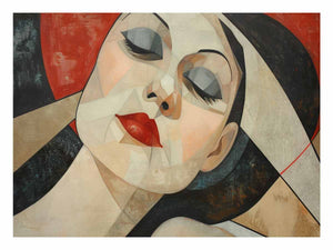 Geometric woman portrait canvas print with red lips for chic bedroom decor.