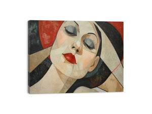 Geometric woman portrait canvas print with red lips for chic bedroom decor.
