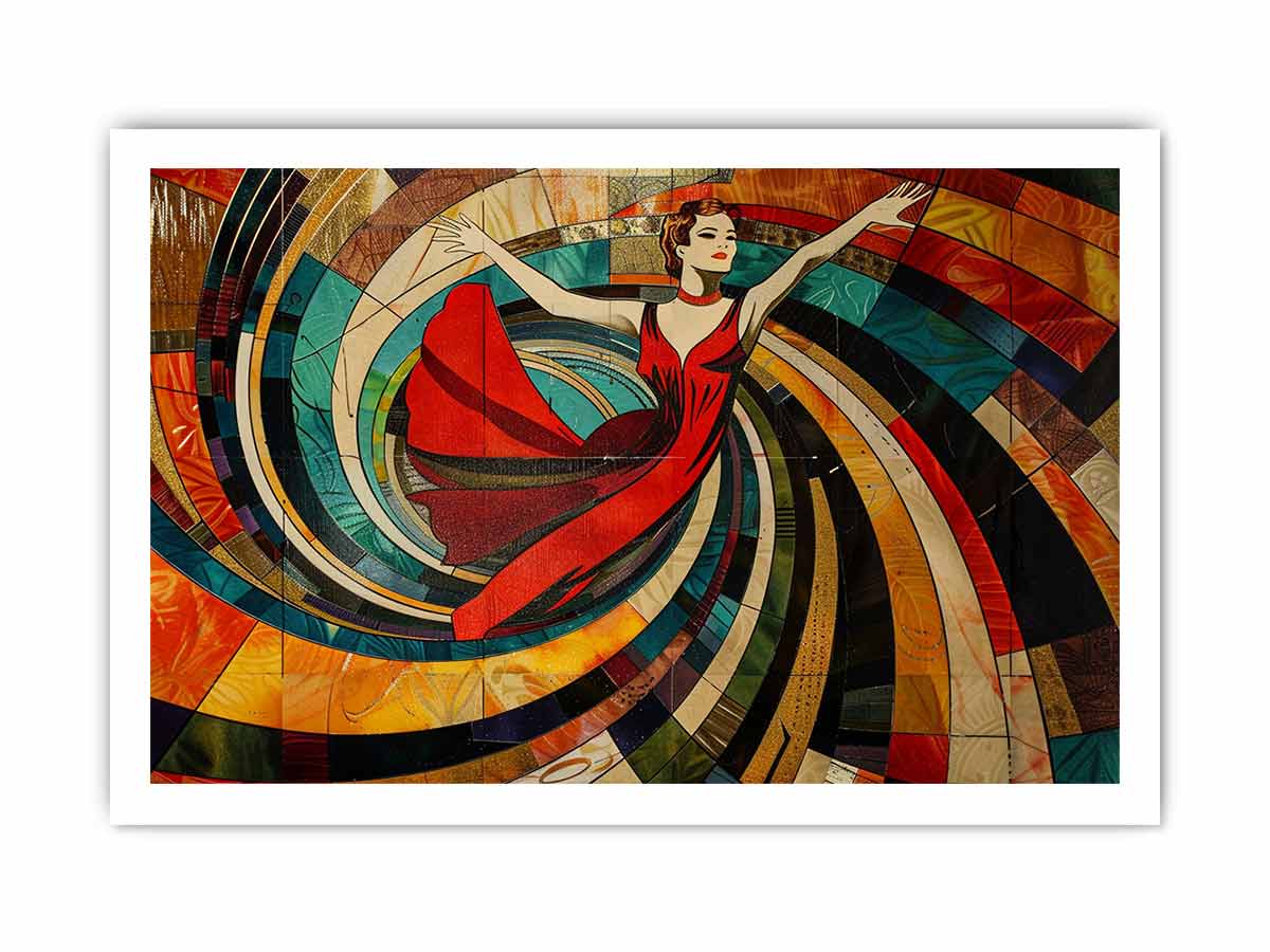 Art deco dancer canvas print with red dress for glamorous living room decor.