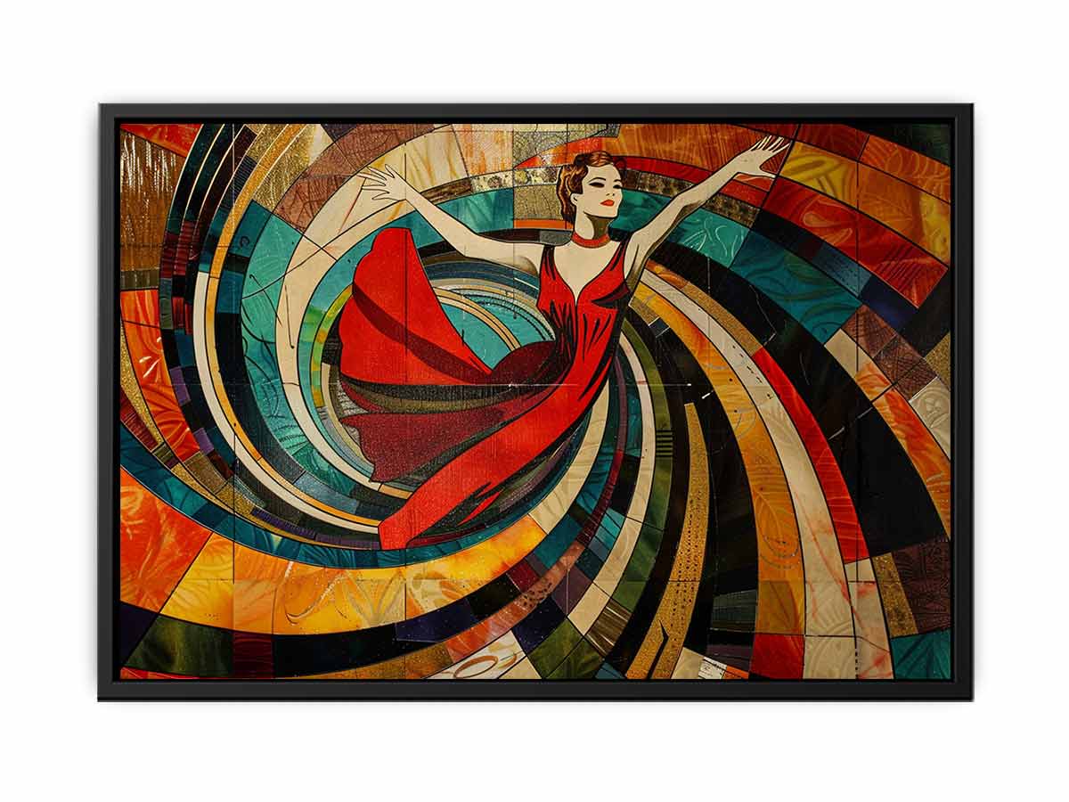 Art deco dancer canvas print with red dress for glamorous living room decor.