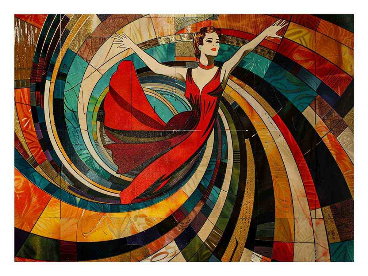 Art deco dancer canvas print with red dress for glamorous living room decor.