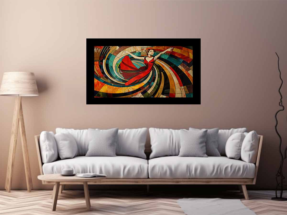 Art deco dancer canvas print with red dress for glamorous living room decor.