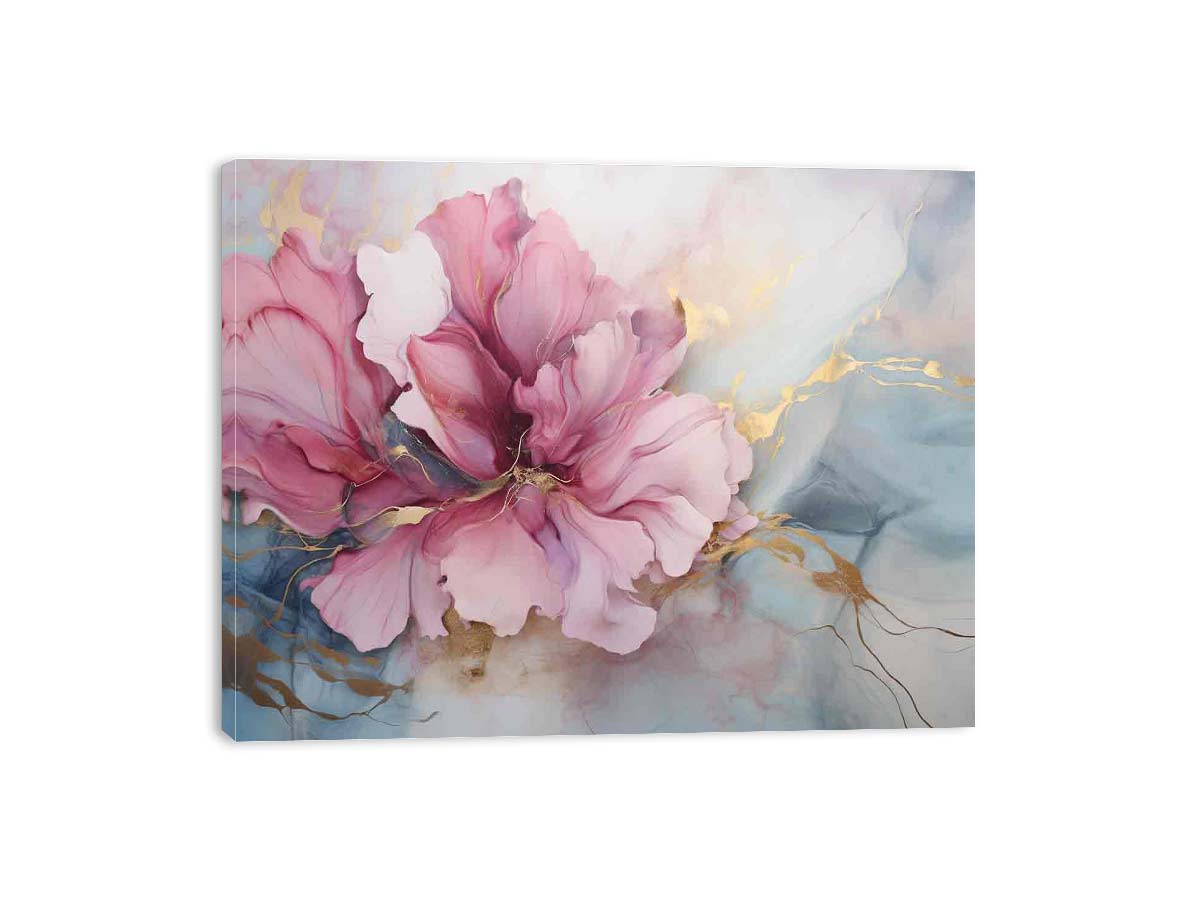 Rose pink floral canvas print with gold accents for modern bedroom decor.