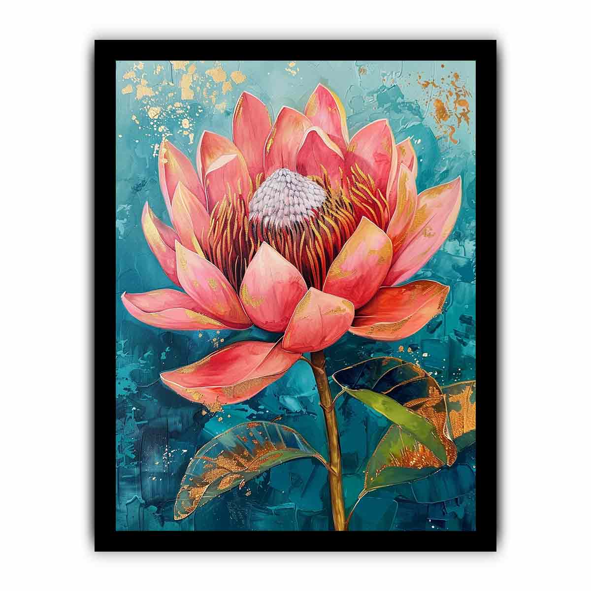 Teal Waratah Bloom modern Australian floral canvas art for living room decor.