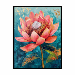 Teal Waratah Bloom modern Australian floral canvas art for living room decor.
